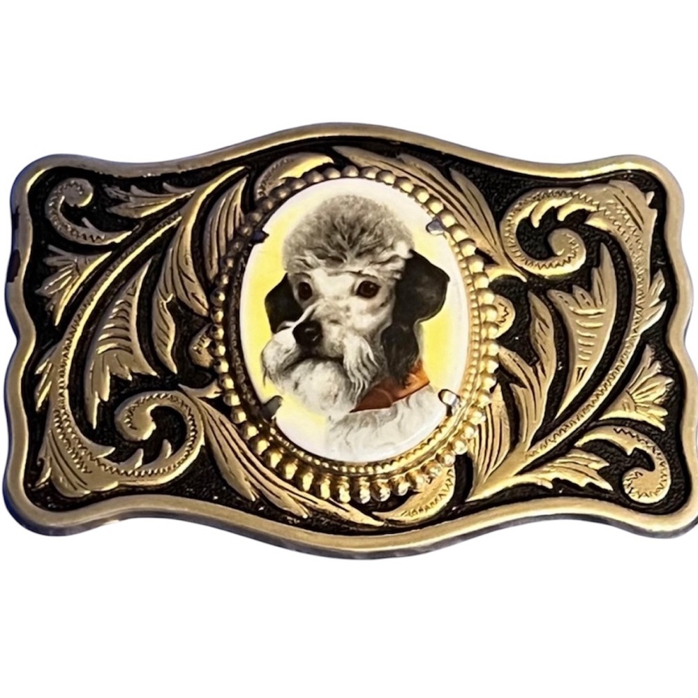 Vintage Poodle on a plastic cabochon and Metal gold & black Belt Buckle